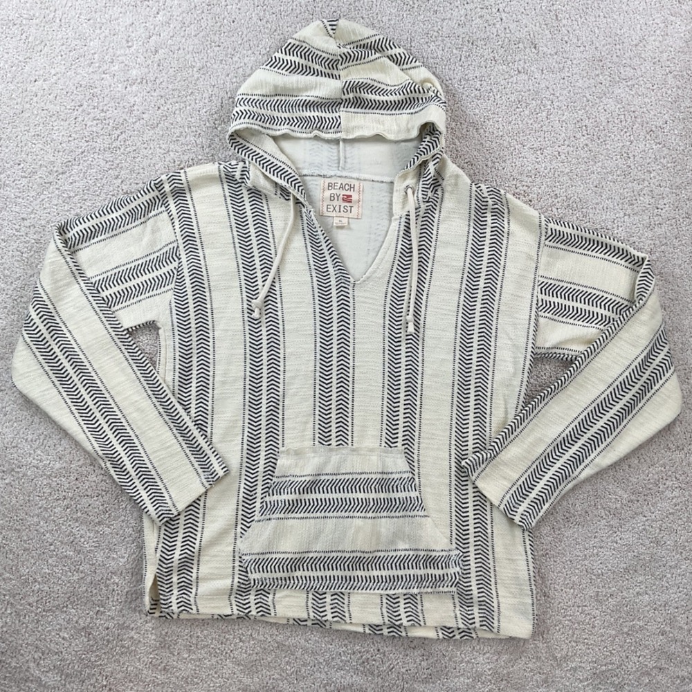 Beach by Exist Womens XL Baja Hoodie Cream Black Chevron Stripe Woven Pullover